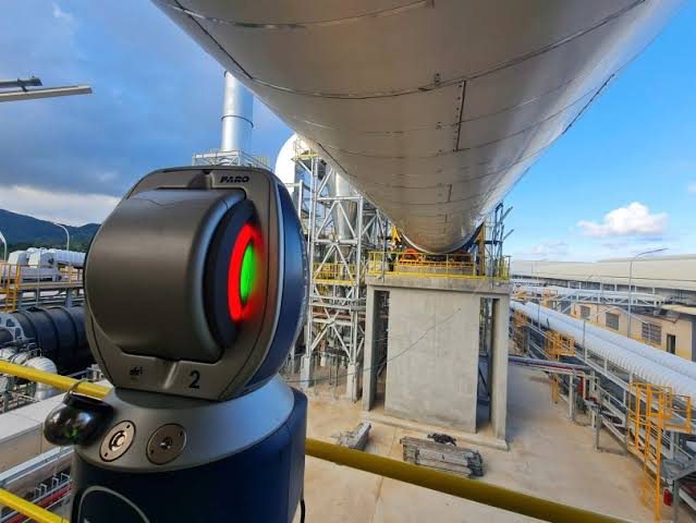 Laser tracker measuring a large industrial structure during plant alignment